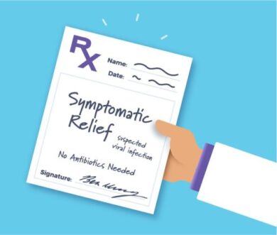A cartoon hand holds a prescription for Symptomatic Relief