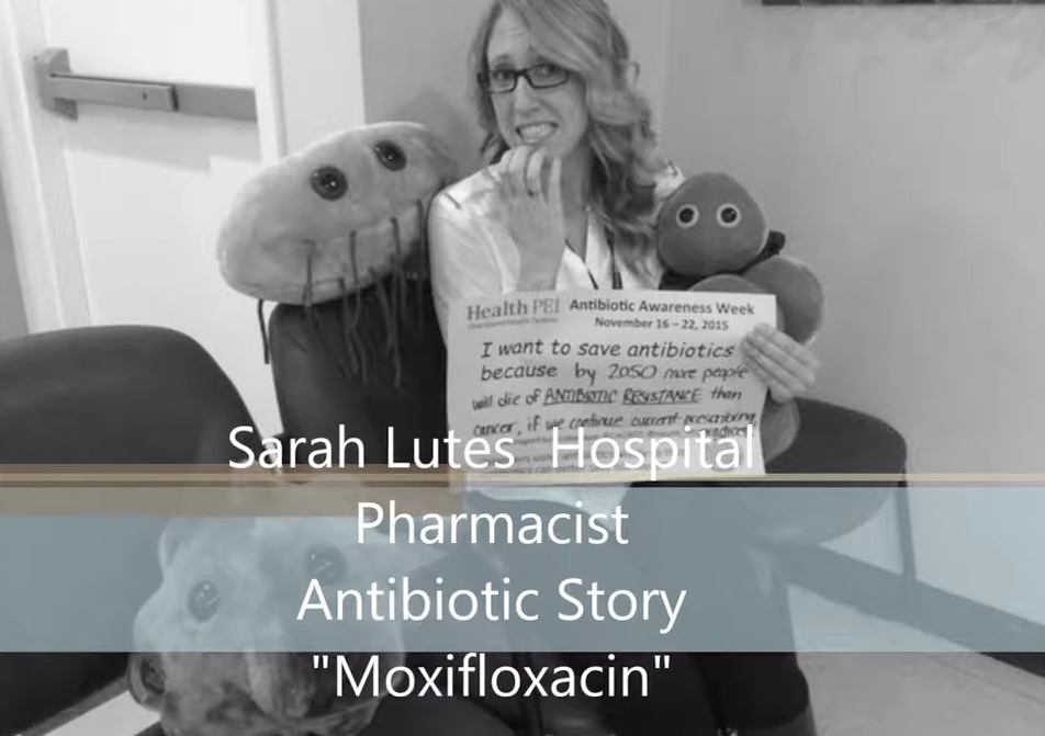 Sarah Lutes Hospital Pharmacist Antibiotic Story Moxifloxacin. Video still of woman in hospital waiting room