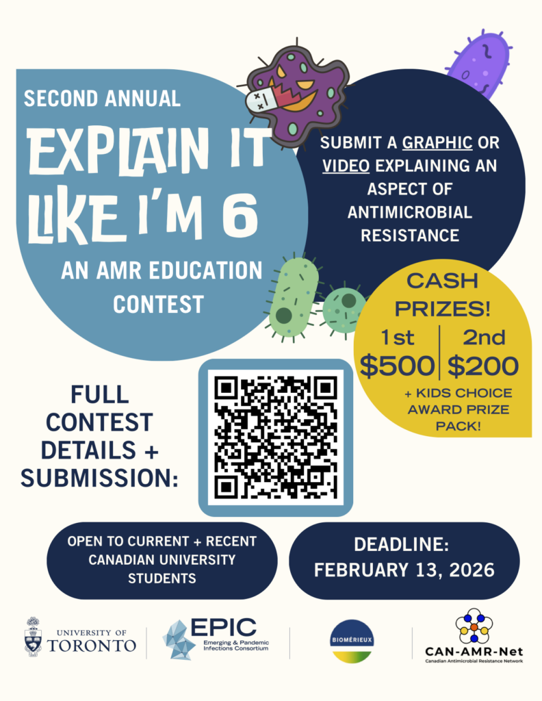 Poster for the 'Explain it like I'm 6' AMR Education Contest. The contest calls for a graphic or video explaining an aspect of antimicrobial resistance. 1st prize is $500, 2nd prize is $200.
